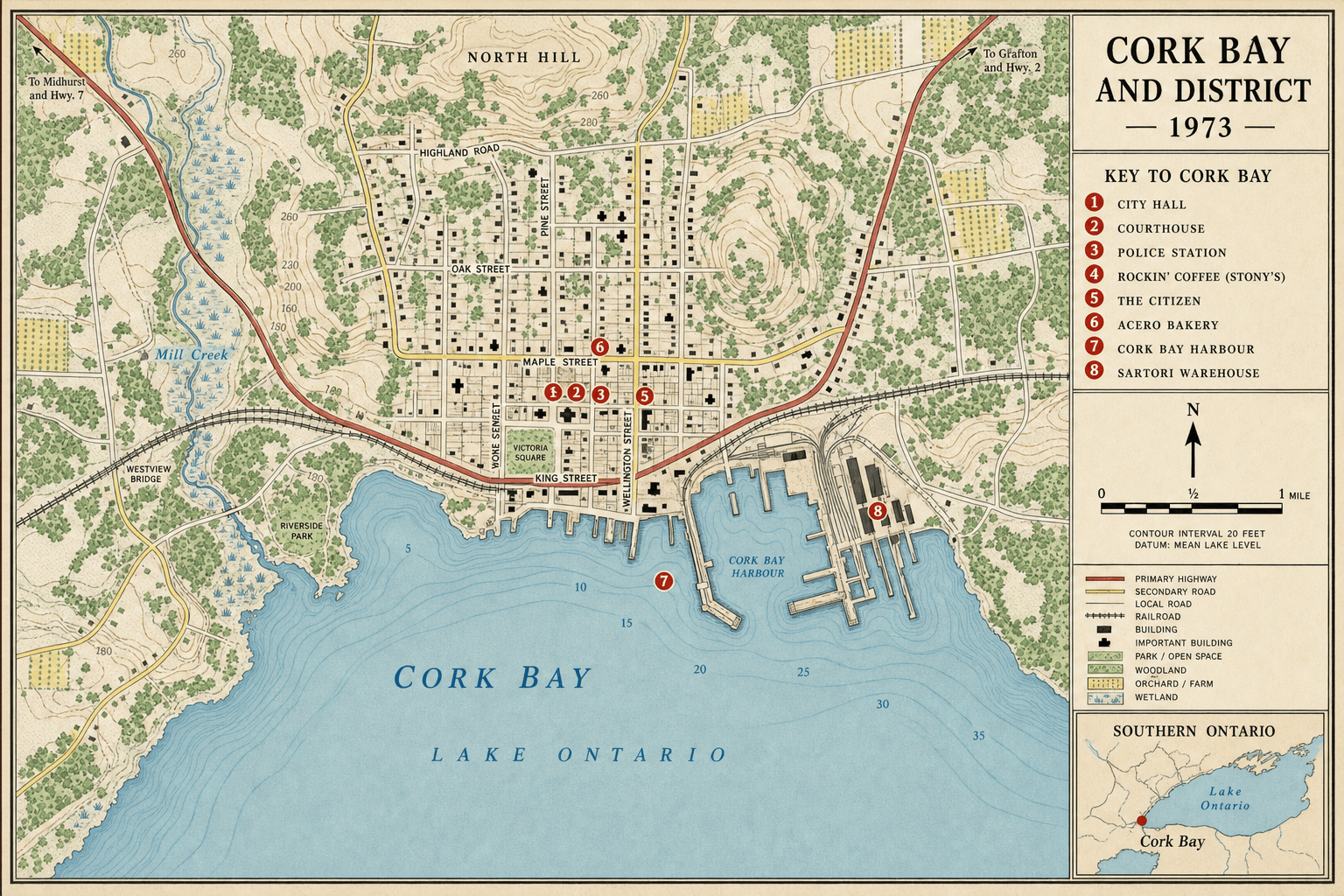 A professional 1973 atlas map of Cork Bay and District showing its harbour, streets, topography and important locations