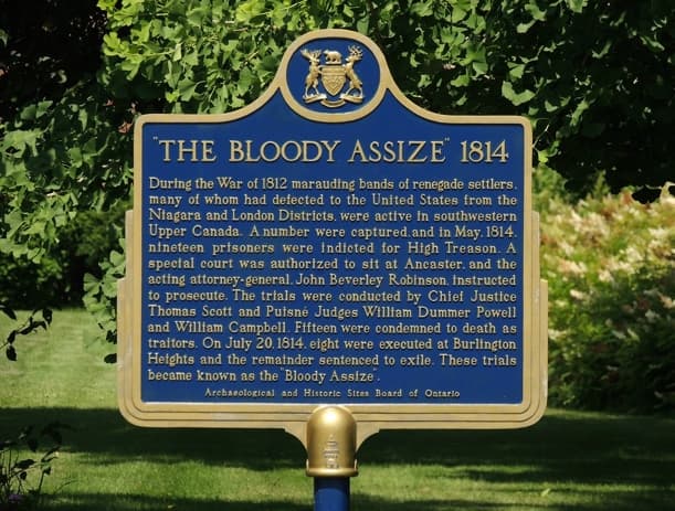 Ontario historical plaque marking the Bloody Assize of 1814 in Ancaster