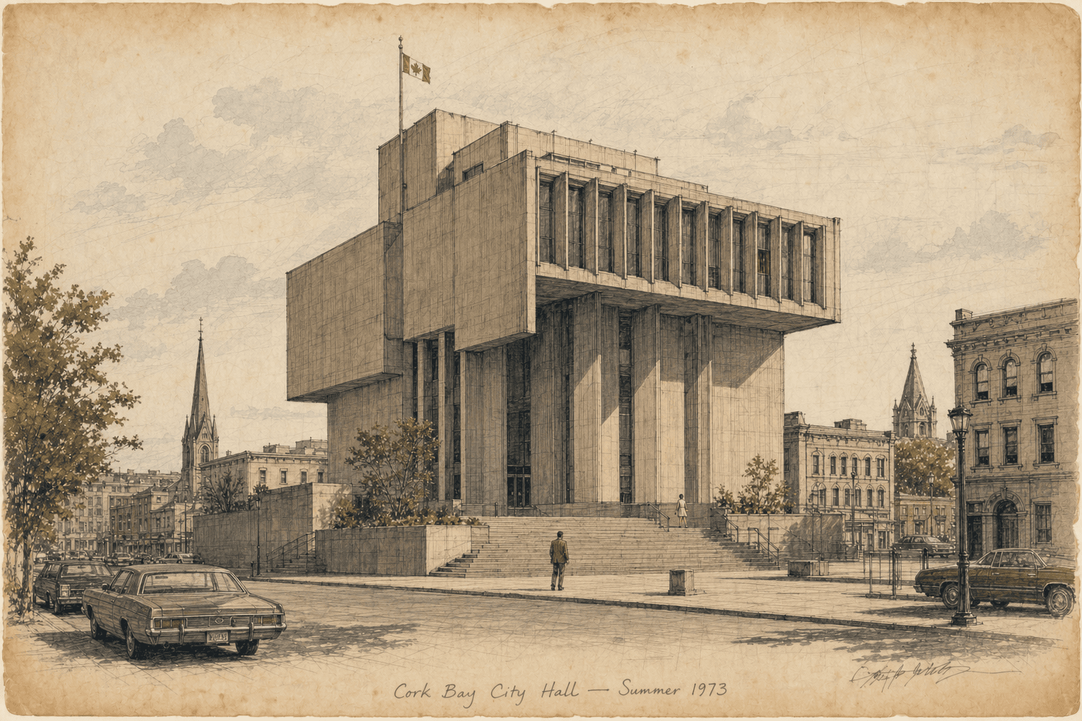 An aged architectural sketch of Cork Bay’s monumental Brutalist city hall