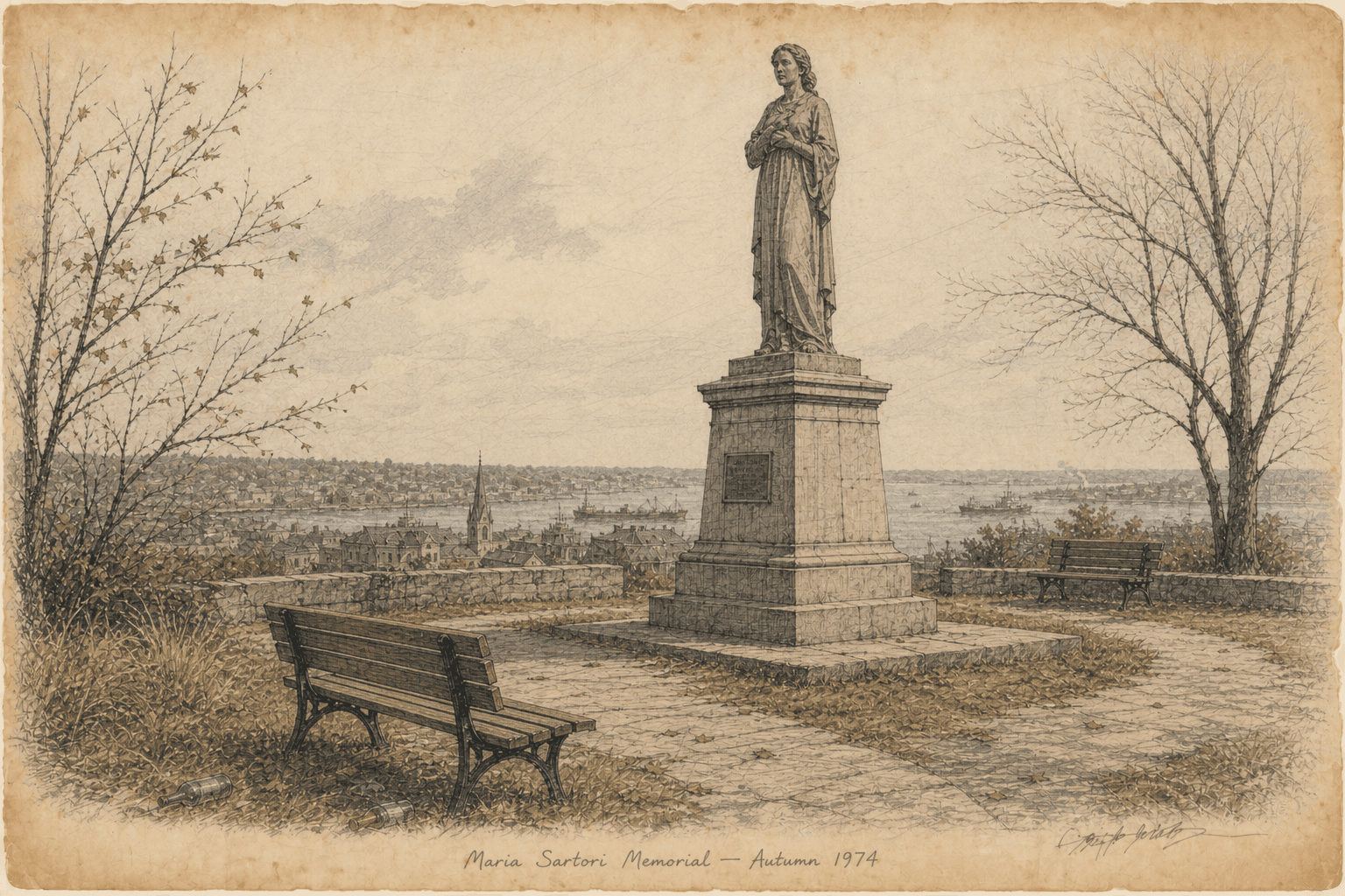 An aged sketch of the lonely Maria Sartori memorial overlooking Cork Bay