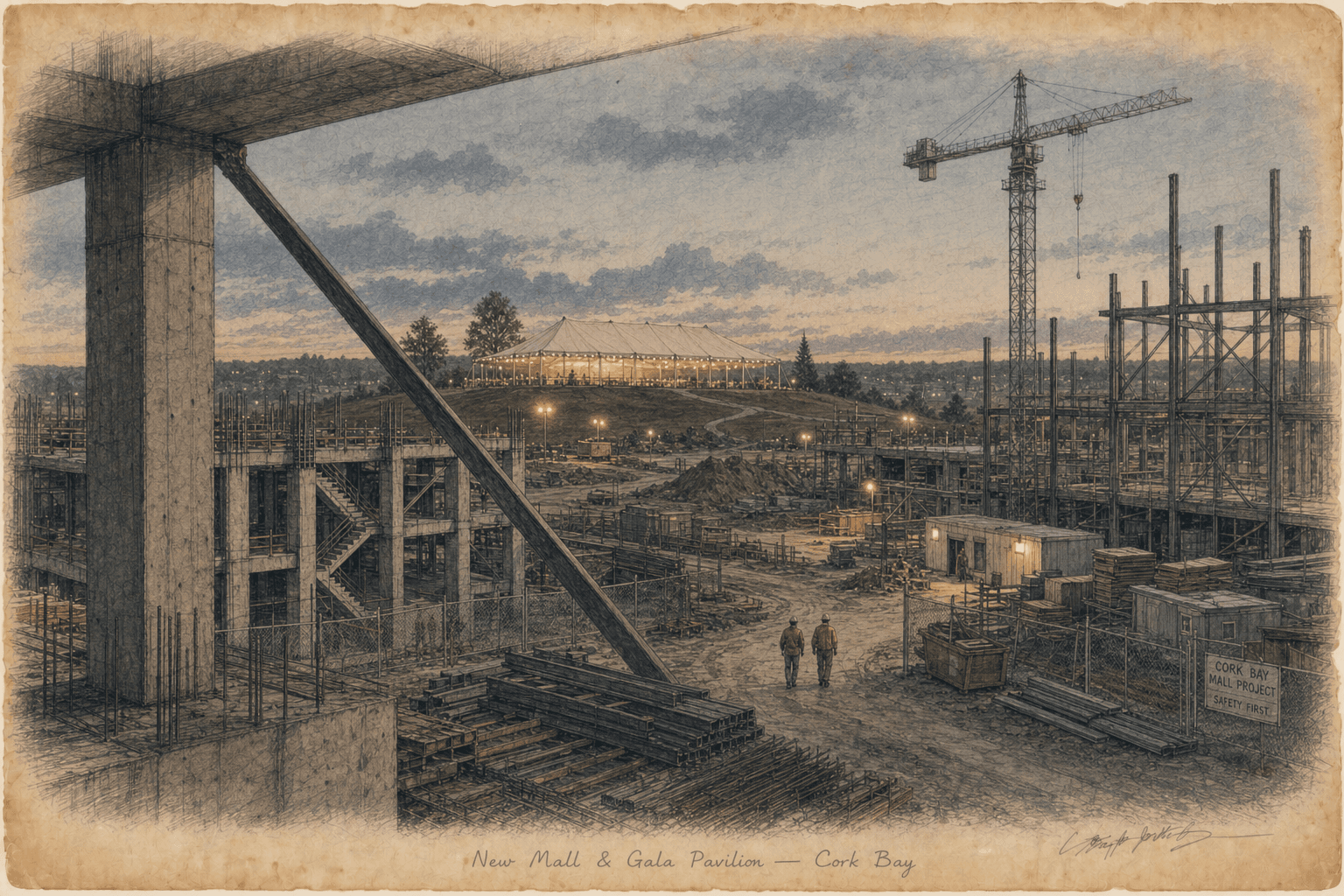 An aged dusk sketch of Cork Bay’s unfinished mall development and illuminated gala pavilion