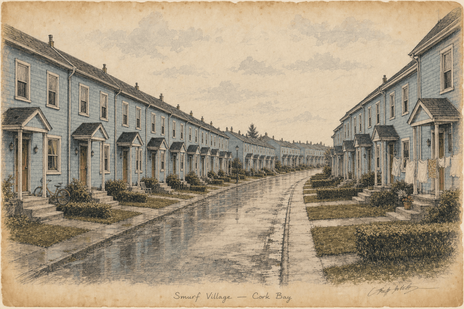 An aged streetscape sketch of repeating pale-blue Cork Bay townhouses known as Smurf Village