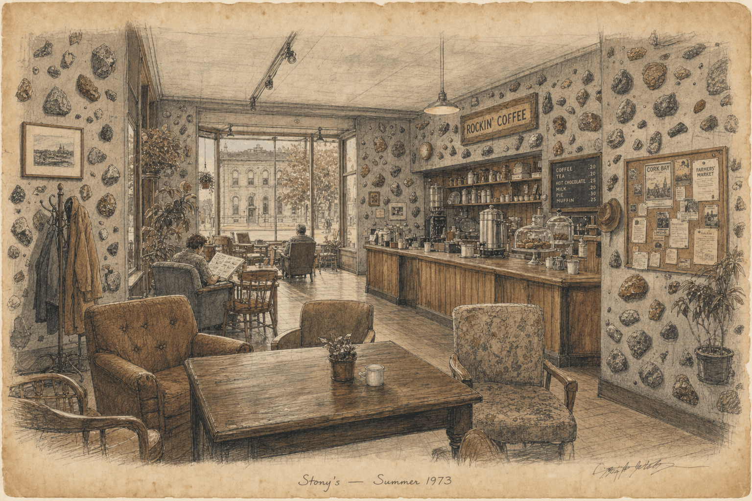 An aged interior sketch of Stony’s café with wooden tables, large chairs and rock-inlaid walls