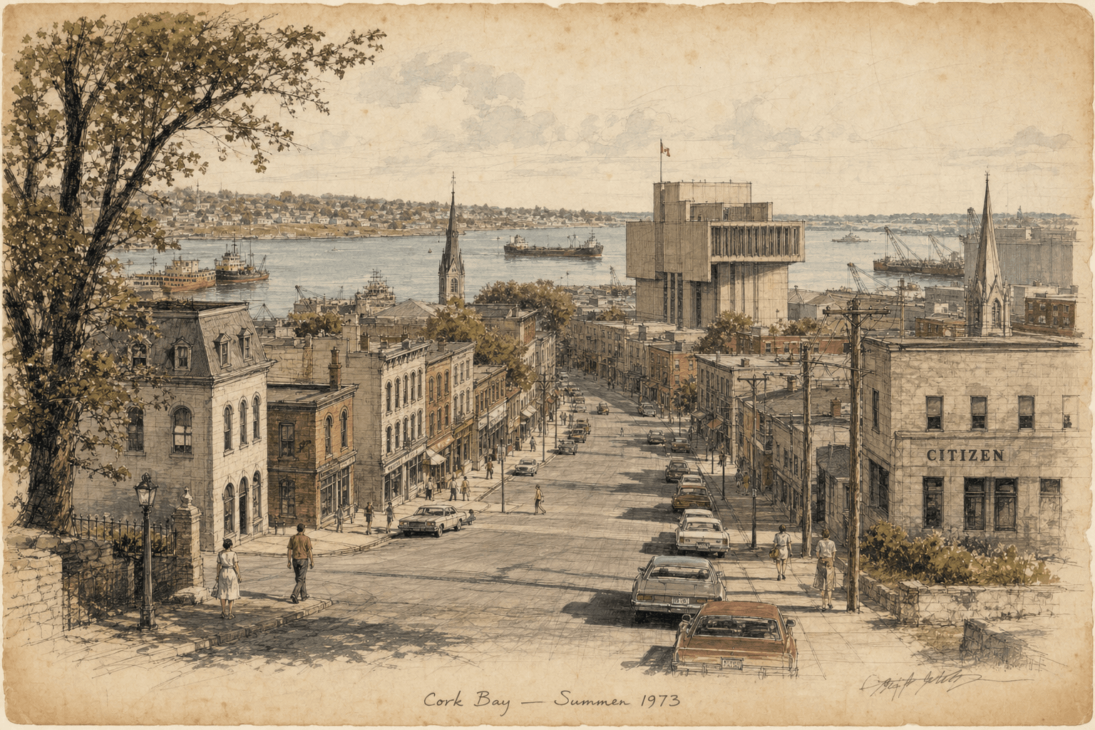 An aged local-artist sketch looking downhill through Cork Bay toward its harbour in summer 1973